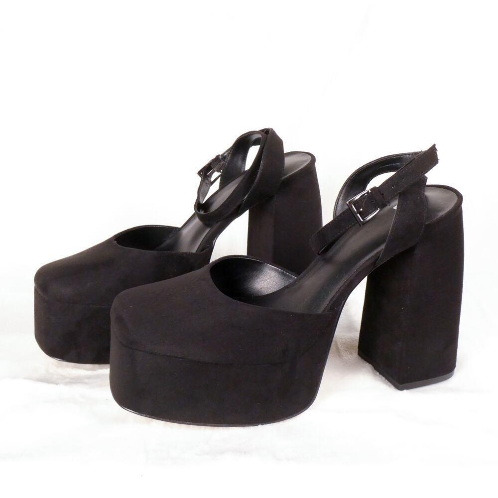 BP. Danni Platform Strappy Heels Size 9 Black Suede D'Orsay Goth Glam Mod Retro